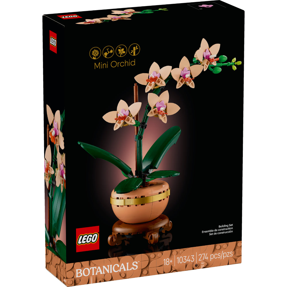 Set LEGO® Botanical Miniorquídea 10343 con cinco flores color durazno en maceta terracota, una elegante pieza decorativa inspirada en la naturaleza.