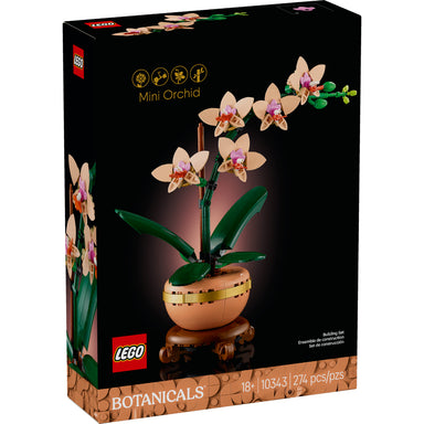 Set LEGO® Botanical Miniorquídea 10343 con cinco flores color durazno en maceta terracota, una elegante pieza decorativa inspirada en la naturaleza.