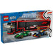 LEGO® City Camión de F1® con autos RB20 y AMR24, remolque aerodinámico, simulador de carreras, minifiguras de pilotos y equipo técnico.