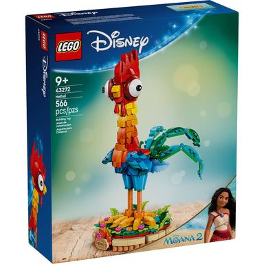 Set LEGO Disney Vaiana 2 Heihei 43272 con figura construible del gallo, alas y cola móviles y base decorativa con flores.