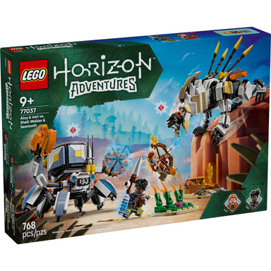 Set LEGO® Horizon Adventures™ con minifiguras de Aloy y Varl, criaturas robóticas Cangrejo y Dientes Serrados articuladas, y accesorios de combate inspirados en el videojuego.