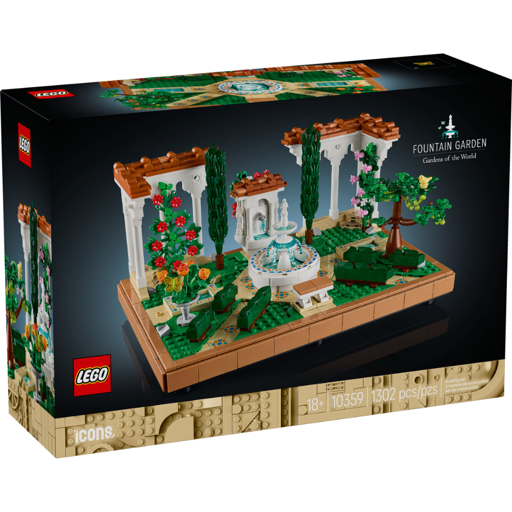 Set LEGO® Icons Jardín con Fuente 10359 con fuente escalonada, pérgolas, flores, cipreses y figuras de animales, ideal como proyecto relajante y pieza decorativa para adultos.