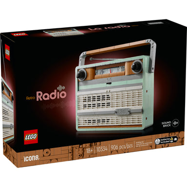 Set LEGO® Icons Radio Retro 10334 con diseño de los años 70, antena móvil, ruedas de sintonización y compartimento para smartphone, ideal para amantes de la música y la decoración retro.