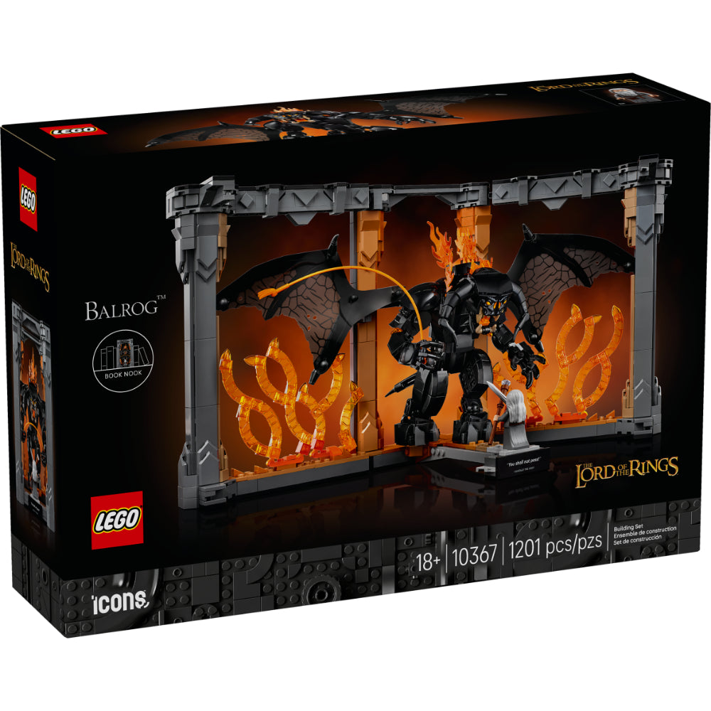 Set LEGO® Icons Rincón entre Libros El Señor de los Anillos Balrog 10367 con minifigura de Gandalf el Gris y figura articulada del Balrog en el puente de Khazad-dûm, ideal para exhibir entre libros.