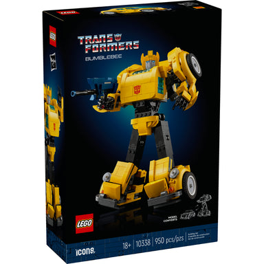Set LEGO® Icons Transformers Bumblebee 10338 con figura articulada que se transforma de Autobot a vehículo, incluye lanzador de iones, mochila propulsora y placa de exhibición.