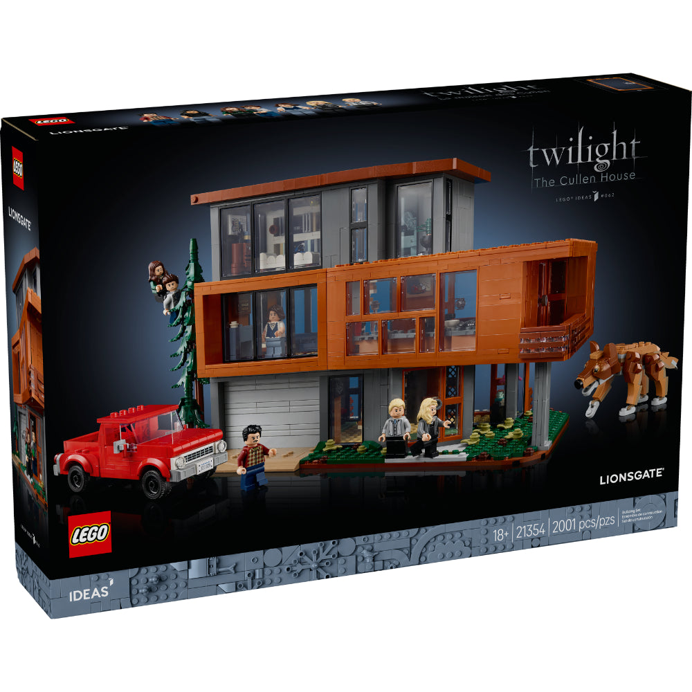 Set LEGO® Ideas Casa de los Cullen 21354 inspirado en Crepúsculo, con 7 minifiguras, la camioneta de Bella, el hogar de tres pisos y un árbol para recrear escenas icónicas de la saga.
