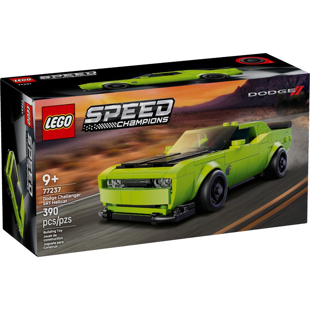 Set LEGO Speed Champions Dodge Challenger SRT Hellcat 77237 con diseño deportivo, capó con toma de aire, rejilla frontal y doble tubo de escape.