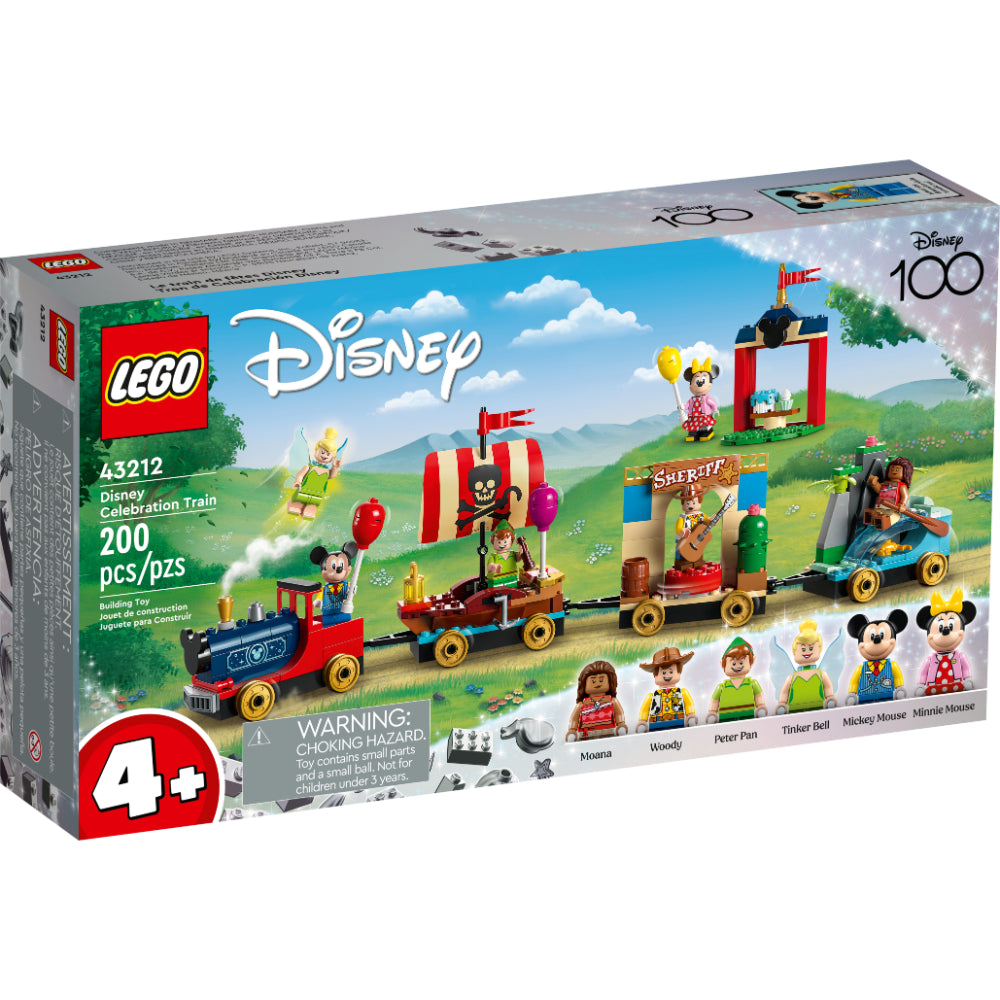 Set LEGO Disney Tren Homenaje a Disney 43212 con locomotora, tres vagones y personajes de Disney como Mickey, Minnie y Woody.